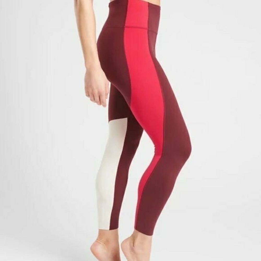 Athleta Red, Maroon, Purple Color block Asymmetrical Leggings Yoga Pants